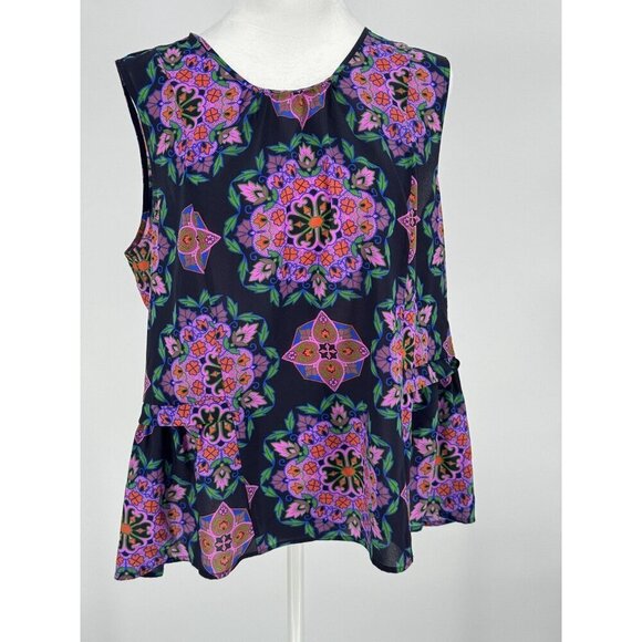 J. Crew Navy Colorful Damask Mirror Image Peplum Hem Top Tank Blouse Sz 12 EUC - Picture 1 of 16